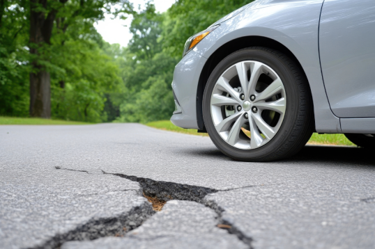 Car parked next to large crack in asphalt road