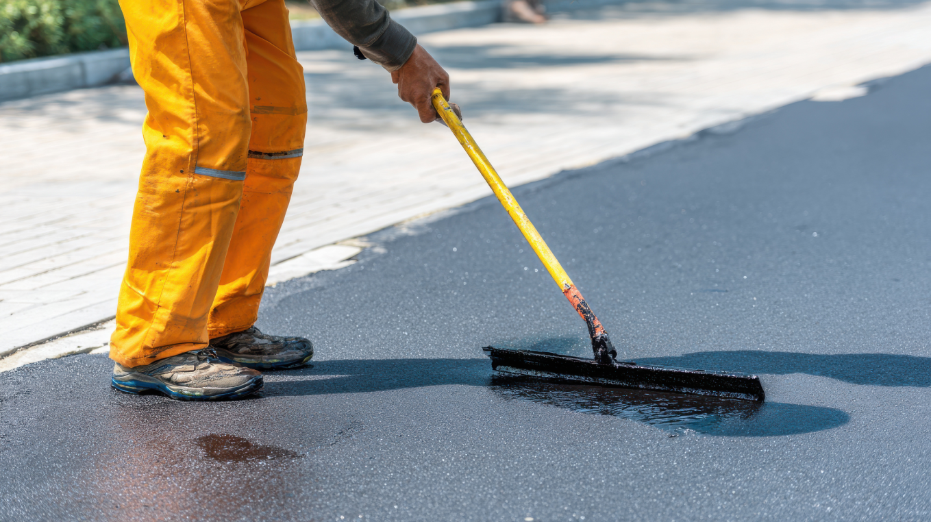 Worker performing sealcoating in parking lot